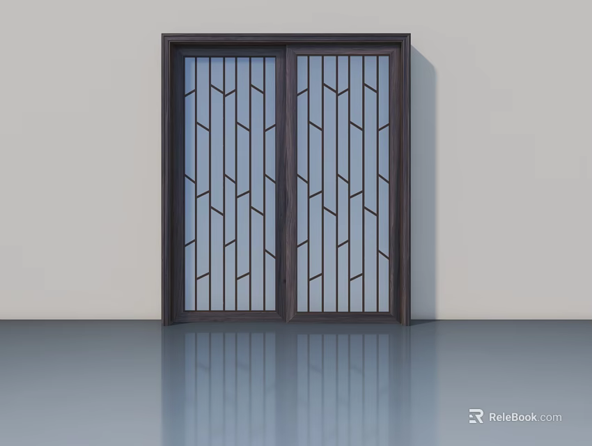 Modern Interior Hinged Door With Dark Frame And Geometric Lattice Design 3d model