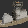 Ancient Stone Tower Under Restoration With Scaffolding Red Yellow Flag And Surrounding Stones