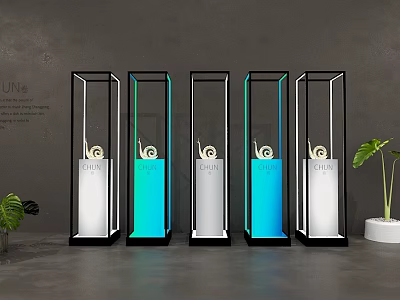 Glass Display Shelves With Black Frames Blue White Lighting And Snail Decorations 3d model