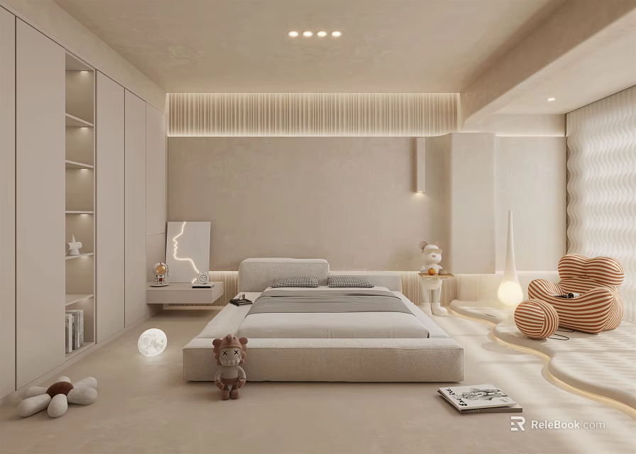 Minimalist Bedroom Interior With Beige Tones Large Bed Built in Wardrobes And Plush Toys 3d model 