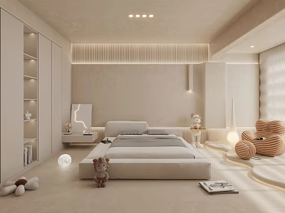Minimalist Bedroom Interior With Beige Tones Large Bed Built in Wardrobes And Plush Toys 3d model