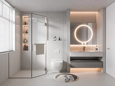 Modern Bathroom Interior with Glass Shower Toilet Round Mirror and Vanity Sink 3d model