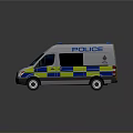 White Police Van With Blue Yellow Checkered Pattern And Top Blue Lights