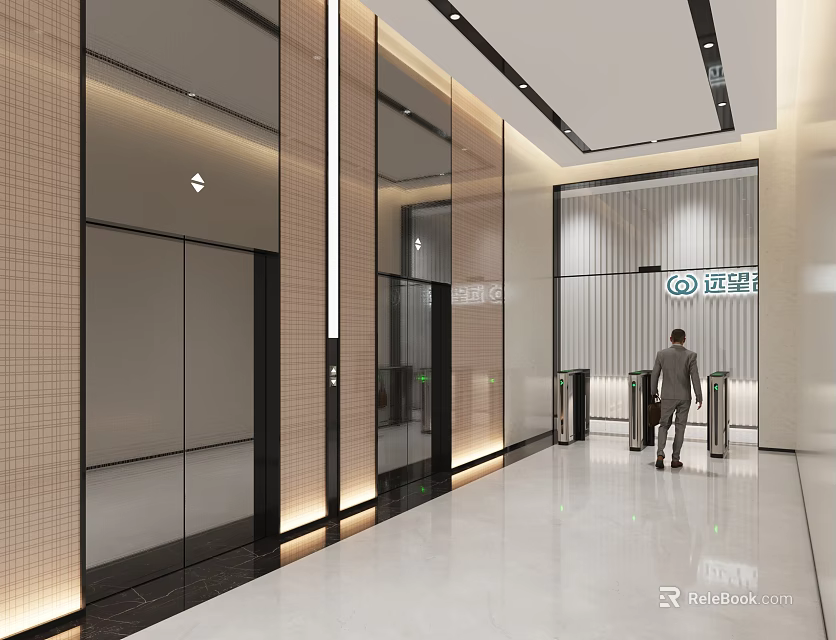 Modern Elevator Lobby With Glass Doors Lighting Design Polished Floor And Businessman Walking 3d model 