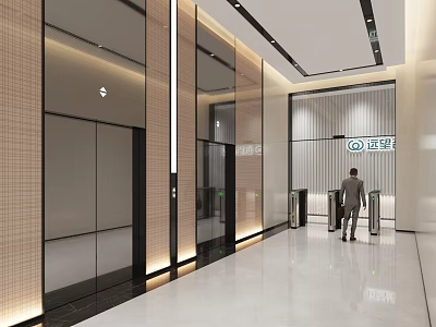 Modern Elevator Lobby With Glass Doors Lighting Design Polished Floor And Businessman Walking 3d model