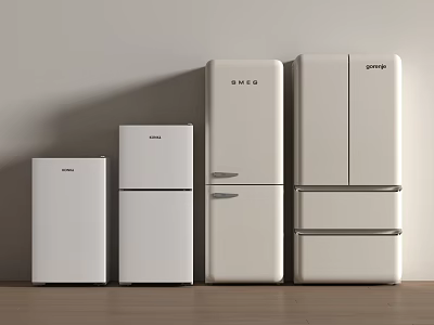 White Modern Refrigerators and Freezers of Various Sizes Arranged in a Kitchen with Wooden Floor 3d model