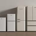 White Modern Refrigerators and Freezers of Various Sizes Arranged in a Kitchen with Wooden Floor