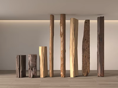 Natural Wooden Pillars Arranged with Various Heights and Textures in Minimalist Indoor Space 3d model