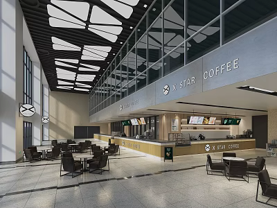 Modern Starbucks Coffee Lounge with Large Windows and Comfortable Tables and Chairs 3d model