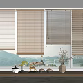 Varied Style Bamboo Blinds for Home Interior with Mountain View and Decorative Vases on Windowsill