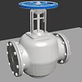 Industrial Metal Valve With Silver Body And Blue Top Handle Flange Design