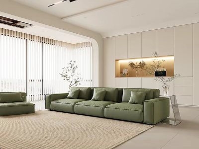 Modern Green Three-Seater Sofa in Living Room with Beige Rug Blinds Plants and Decorative Cabinet 3d model