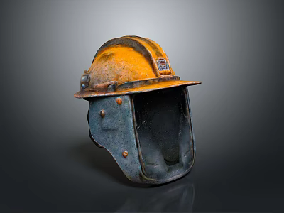 Yellow And Blue Worn Safety Helmet With Face Shield And Metal Details 3d model