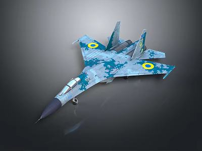 Detailed Camouflaged Military Fighter Aircraft With Yellow Wing Badges In 3D Rendering 3d model