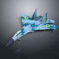 Detailed Camouflaged Military Fighter Aircraft With Yellow Wing Badges In 3D Rendering