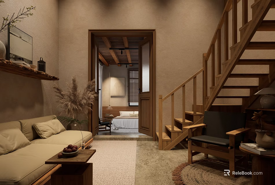 Homestay Guest Room With Wooden Stairs Cozy Sofa And Natural Rug Interior 3d model 