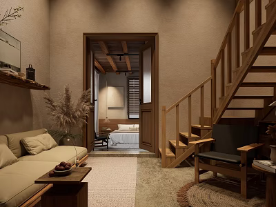 Homestay Guest Room With Wooden Stairs Cozy Sofa And Natural Rug Interior 3d model