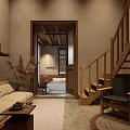 Homestay Guest Room With Wooden Stairs Cozy Sofa And Natural Rug Interior