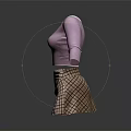 Purple Fitted Long Sleeve Round Neck Top With Plaid Pattern Skirt And Buttons