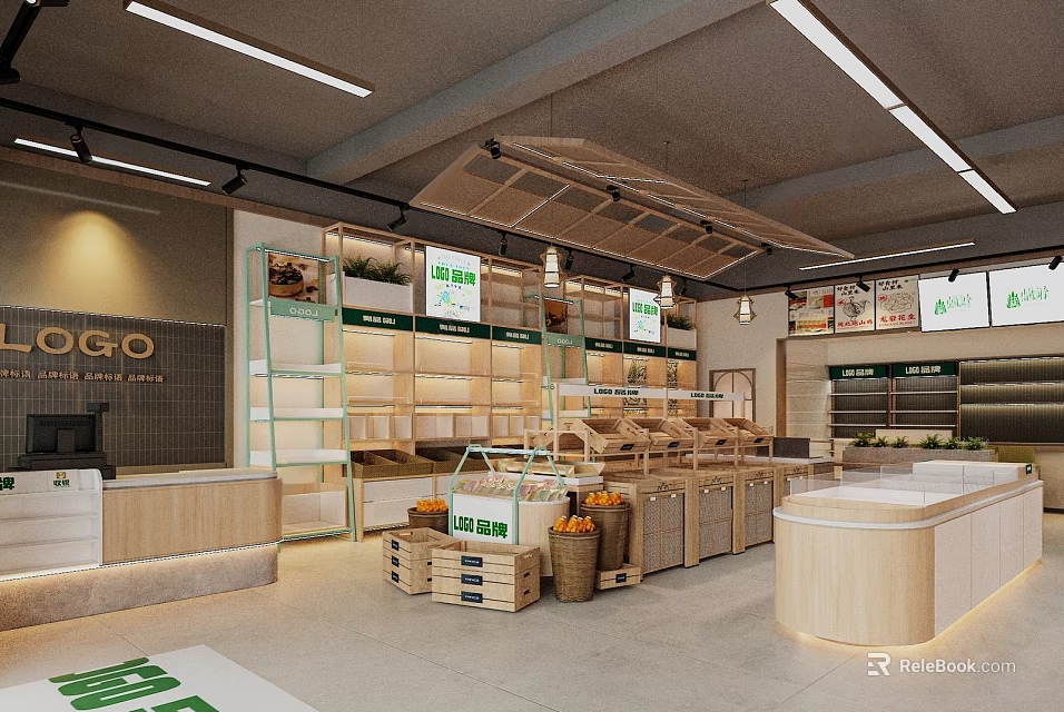 Modern Fruit Store Interior With Wooden Shelves Display Counters And Fresh Fruit Displays 3d model 
