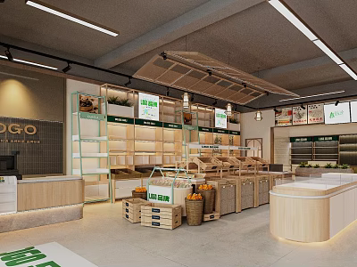 Modern Fruit Store Interior With Wooden Shelves Display Counters And Fresh Fruit Displays 3d model