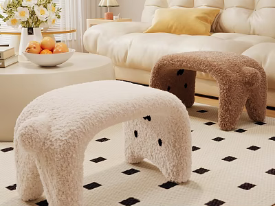 Cozy Bear Shaped Fluffy Shoe Bench In Beige And Brown Living Room With Rug 3d model