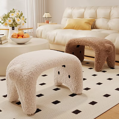 Cozy Bear Shaped Fluffy Shoe Bench In Beige And Brown Living Room With Rug 3d model