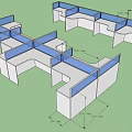 Modular Office Desk Partition Layout With Blue Panels And Dimension Labels 3d model
