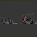 Industrial Forklift Equipment Display With Multiple Units Including Orange Heavy Machinery