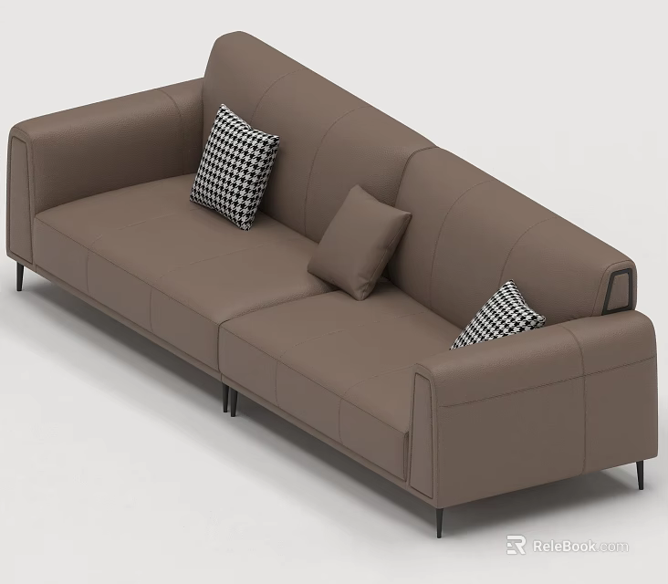 Brown Leather Three Seater Sofa With Black And White Checkered Pillows And Solid Cushion 3d model