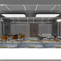 Modern Lounge Interior With Gray Sofa Orange Chairs Wooden Table And Patterned Carpet Lighting
