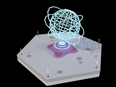 3D Technological Structure Featuring Hexagonal Platform Purple Base And Glowing Blue Grid Sphere 3d model