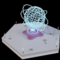 3D Technological Structure Featuring Hexagonal Platform Purple Base And Glowing Blue Grid Sphere
