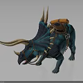 Blue Horned Spiked Back Creature With Saddle And Rolled Blanket As Riding Mount For Adventurers