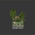 Cartoon Scene Featuring Lush Trees Small House Wooden Shed Rocks And Green Grass