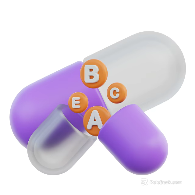 Purple Vitamin Capsules With Letters B E C A For Daily Health Supplement 3d model 