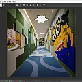 Elevator Corridor With Green White Walls Blue Wavy Floor And Lego Cartoon Decorations