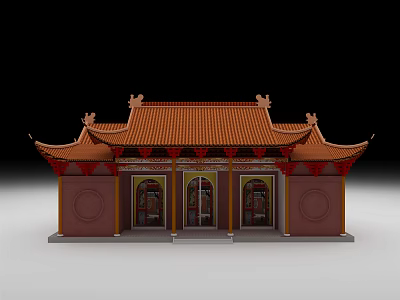 Ancient Chinese Architecture With Red Curved Roof And Traditional Carved Wooden Doors 3d model