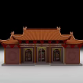 Ancient Chinese Architecture With Red Curved Roof And Traditional Carved Wooden Doors