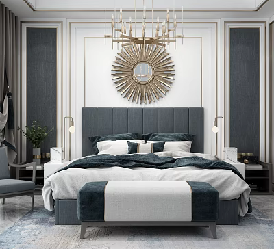 Modern Double Bed with Gray Headboard White Blue Bedding Gold Chandelier and Circular Sunburst Mirror 3d model
