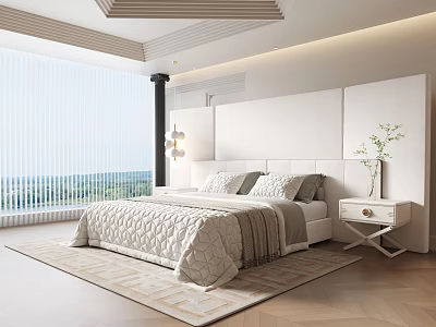 Modern Double Bed Bedroom Interior With White Headboard Nightstand Vase And Window View 3d model