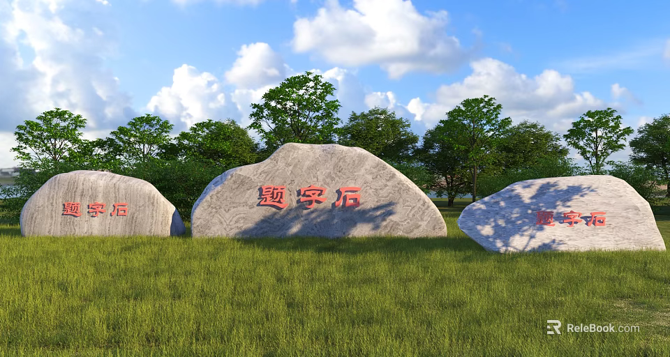 Inscribed Stones And Wooden Elements In Grassland With Trees And Blue Sky 3d model 