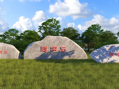 Inscribed Stones And Wooden Elements In Grassland With Trees And Blue Sky 3d model