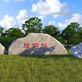 Inscribed Stones And Wooden Elements In Grassland With Trees And Blue Sky