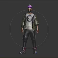 Masked Character With Purple Hair In Green Jacket And White T-Shirt Featuring Mythical Creature Design