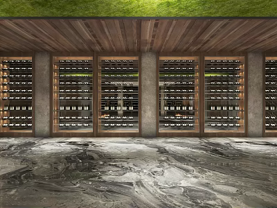 Elegant Wine Cellar Interior Design With Wooden Racks Arranged Bottles And Marble Floor 3d model