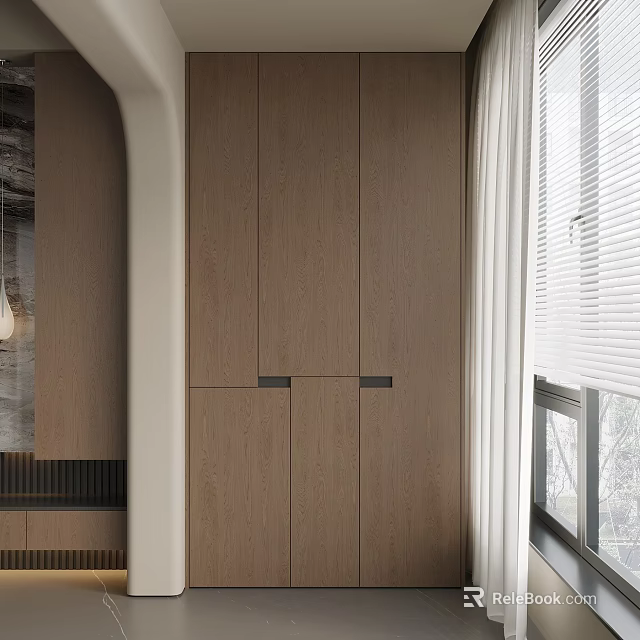 Modern Balcony Cabinet Design With Wooden Finish Sleek Doors And Window Blinds Natural Light 3d model 