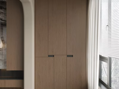 Modern Balcony Cabinet Design With Wooden Finish Sleek Doors And Window Blinds Natural Light 3d model