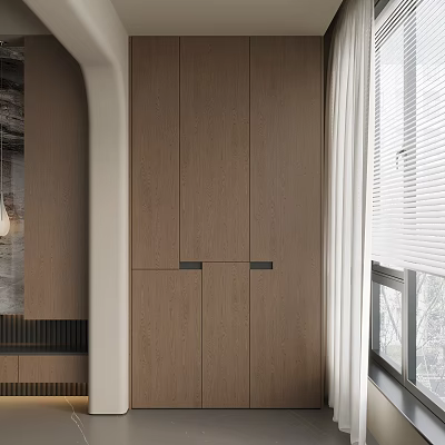 Modern Balcony Cabinet Design With Wooden Finish Sleek Doors And Window Blinds Natural Light 3d model