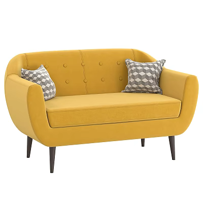Modern Yellow Two Seater Sofa Featuring Curved Design Geometric Pattern Pillows And Dark Wooden Legs 3d model